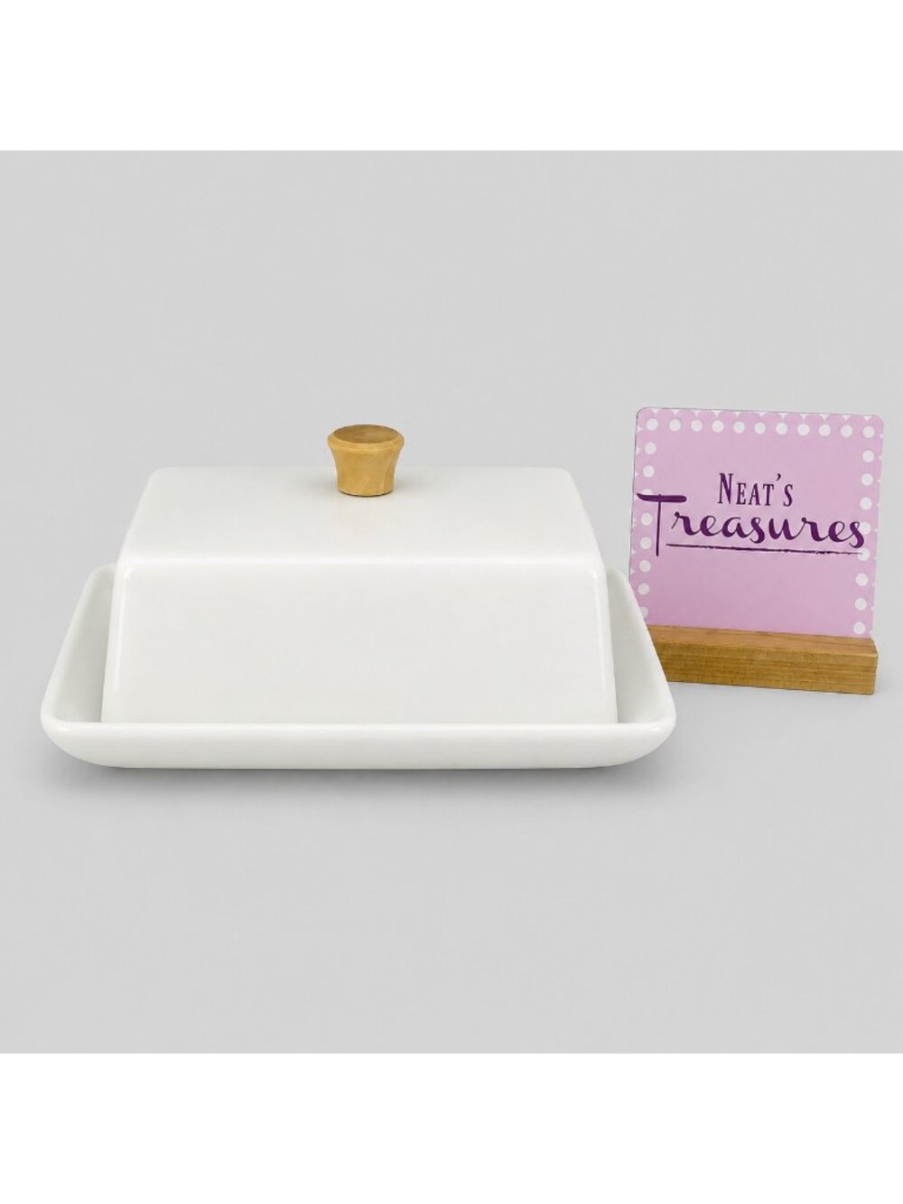 Dowan White Bone China Farmhouse Wooden Handle 2 Stick Lidded Butter Cheese Dish